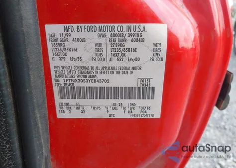 2000 Ford F-250 Lariat/Xl/Xlt z USA, uszkodzony, nr VIN 1FTNX20S3YEB43702